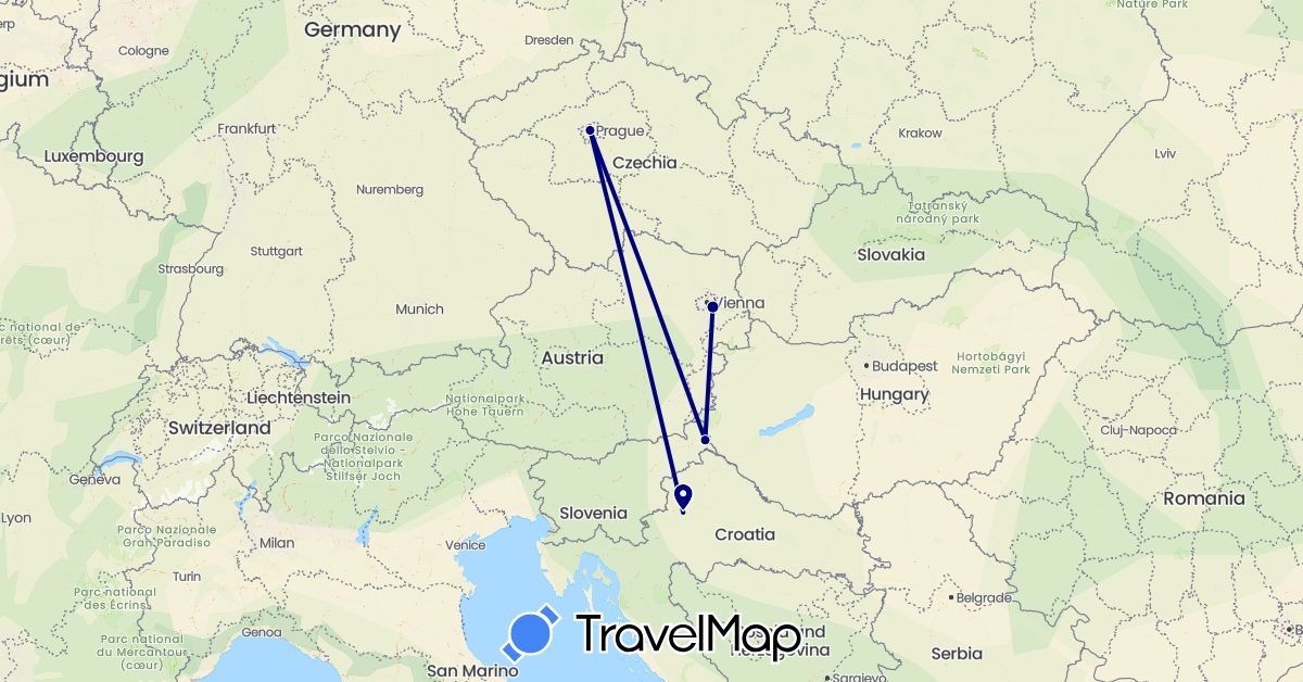 TravelMap itinerary: driving in Austria, Czech Republic, Croatia, Slovenia (Europe)